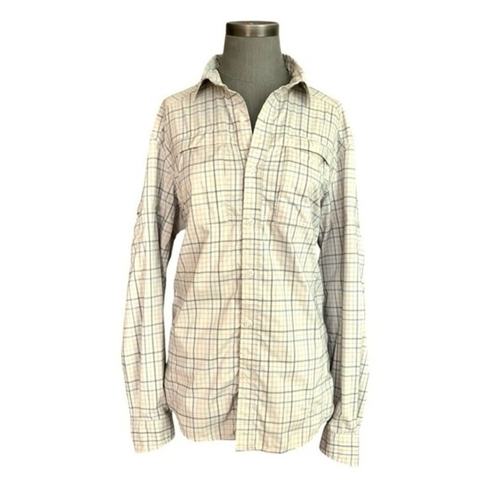 REI Men's Plaid Hiking Shirt M Long Sleeve Tan Blue Wrinkle Resistant VG - Picture 2 of 7